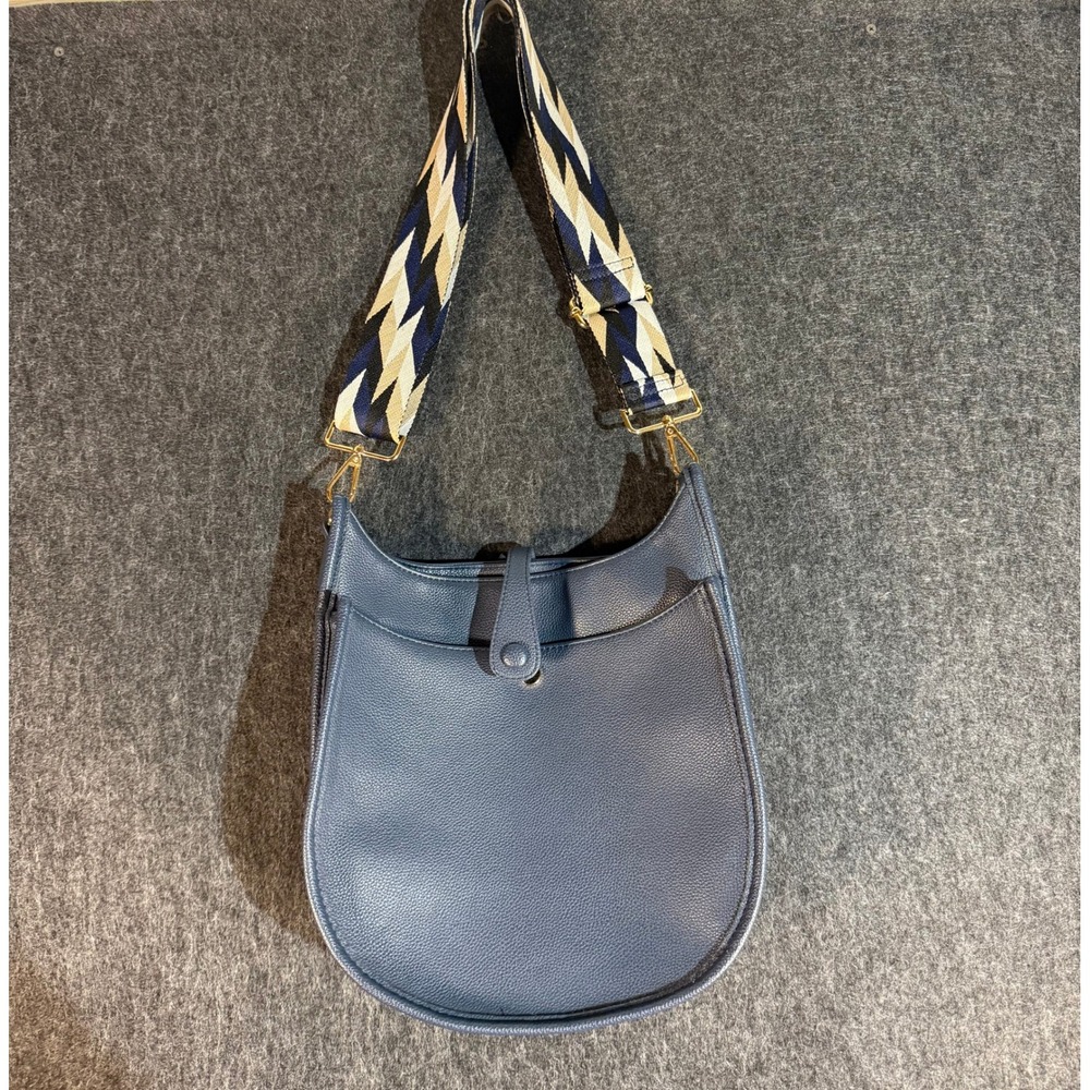 Ahdorned Navy Blue Vegan Leather Messenger Crossbody Bag with Geometric Strap